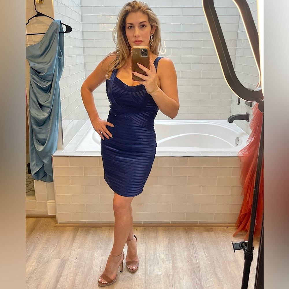 BCBG MaxAzria satin bodycon bandage cocktail dress in navy blue